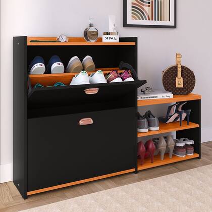 Imagem de Sapateira Organizadora Quarto Closet Hall de Entrada Banco 2 Portas Basculantes Puxador Concha Milano - Preto/ Cinamomo