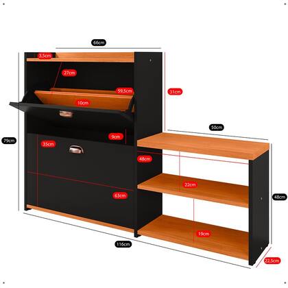 Imagem de Sapateira Organizadora Quarto Closet Hall de Entrada Banco 2 Portas Basculantes Puxador Concha Milano - Preto/ Cinamomo