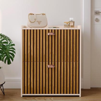 Imagem de Sapateira Vertical 12 Pares Calçados Multiuso 2 Portas Basculantes Hall de Entrada Quarto Closet - Off White/ Ripado