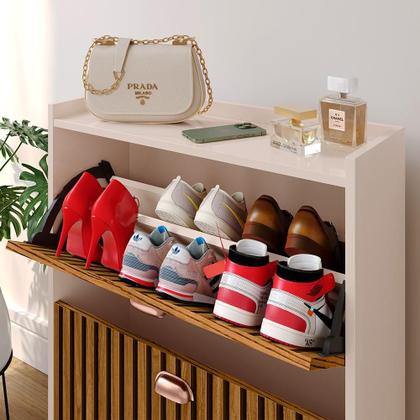 Imagem de Sapateira Vertical 12 Pares Calçados Multiuso 2 Portas Basculantes Hall de Entrada Quarto Closet - Off White/ Ripado