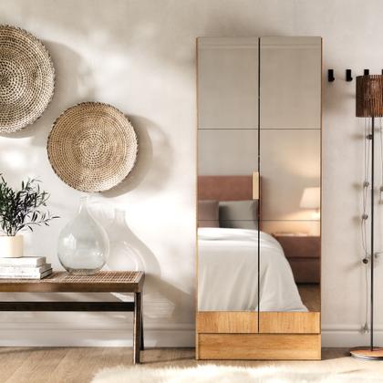 Imagem de Sapateira Vistta 2 Portas com Espelho, 180x54x33cm, Estreita, Vertical, Organizador de Sapatos  Cores Cinamomo e Branco  Compacta e Moderna