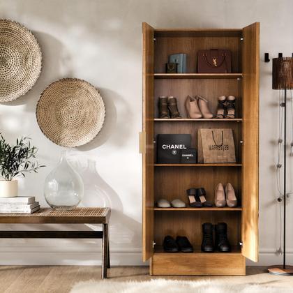 Imagem de Sapateira Vistta 2 Portas com Espelho, 180x54x33cm, Estreita, Vertical, Organizador de Sapatos  Cores Cinamomo e Branco  Compacta e Moderna