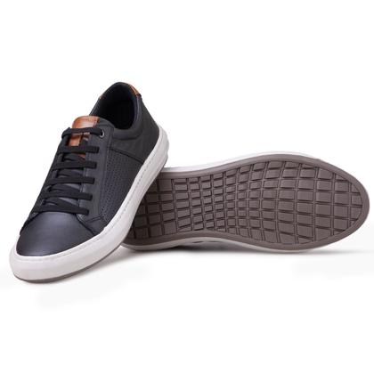 Imagem de Sapatênis Masculino Couro Legítimo Palmilha Gel Preto Solado Branco