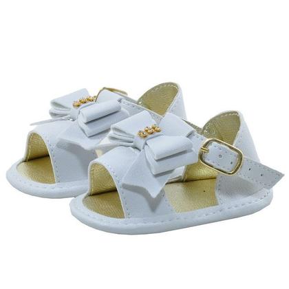 Imagem de Sapatinho de Bebê Bicho de Pé - Sandália Feminina c/ Fivela e Laço - Sintético - Branco com Ouro Light