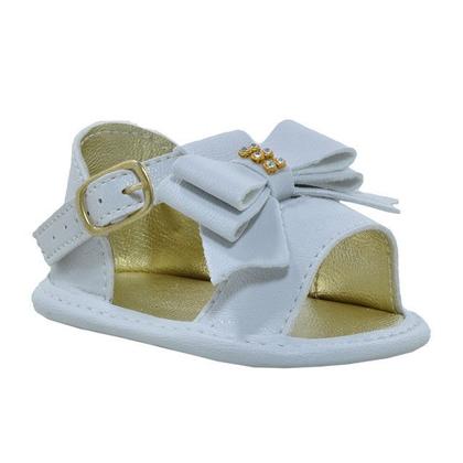Imagem de Sapatinho de Bebê Bicho de Pé - Sandália Feminina c/ Fivela e Laço - Sintético - Branco com Ouro Light