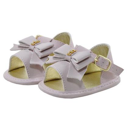 Imagem de Sapatinho de Bebê Bicho de Pé - Sandália Feminina c/ Fivela e Laço - Sintético - Rosa Nude com Ouro Light