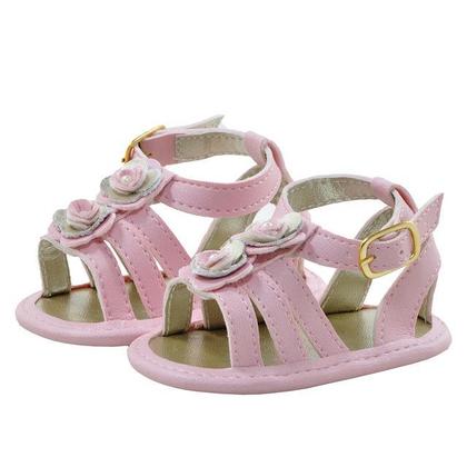 Imagem de Sapatinho de Bebê Bicho de Pé - Sandália Feminina c/ Fivela E Laços de Florzinhas - Sintético - Rosa com Ouro Light