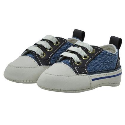 Imagem de Sapatinho de Bebê Bicho de Pé - Sapatênis Masculino c/ ilhós e Atacador - Sintético - Jeans/Bege e Chocolate