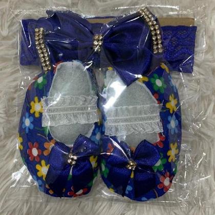 Imagem de Sapatinho De Tecido + Faixa Liquidação Renda P/ Bebê Menina RN à 06 Meses