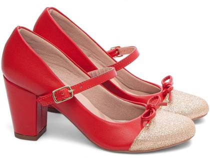 Imagem de Sapato Boneca Mary Jane - Glamour e Conforto em Napa Vermelho com Glitter Ouro Light