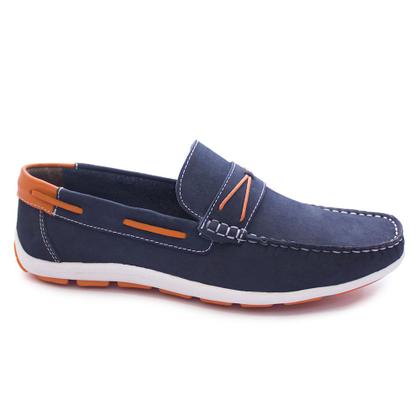 Sapato Drive Mocassim Masculino Couro Nobuck Marinho Laranja Ref