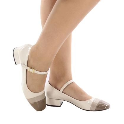 Imagem de Sapato Feminino Boneca Branco Off Verniz Aveia e Taupe Salto Baixo 1246