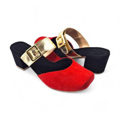Imagem de Sapato Feminino Mule Estilo Tamanco Feminino Salto Bloco com Enfeite Fivela Dourada