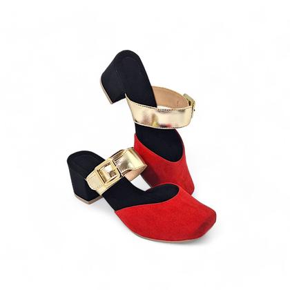 Imagem de Sapato Feminino Mule Estilo Tamanco Feminino Salto Bloco com Enfeite Fivela Dourada