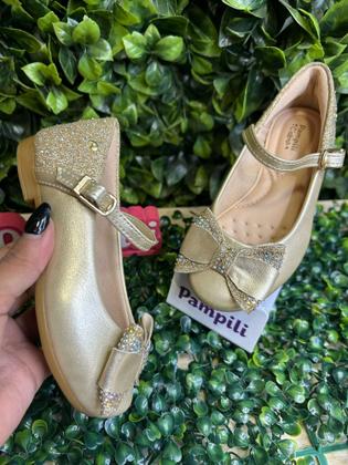 Imagem de Sapato Infantil  Menina Pampili 2 a 9 anos Angel Laço Glitter e Strass Dourado - Mk-100.503