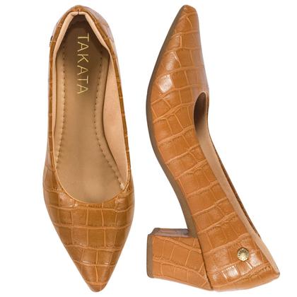 Imagem de Sapato Scarpin Croco Clássico Feminino Bico Fino Salto Alto Bloco 2.02