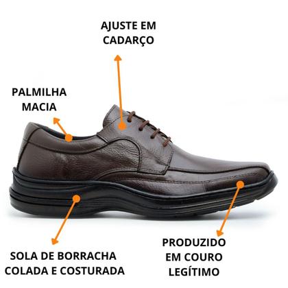 Imagem de Sapato Social Masculino Couro Bico Quadrado Cadarço Amarrar Trabalho Preto e Marrom