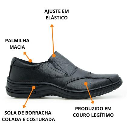 Imagem de Sapato Social Masculino Couro Bico Quadrado Elástico Slip-On Calçar Trabalho Preto e Marrom