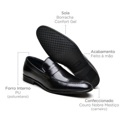 Imagem de Sapato Social Masculino Loafer em Couro Legitimo Preto Sem Cadarço Fechado Calce Fácil Diplomata Berganno