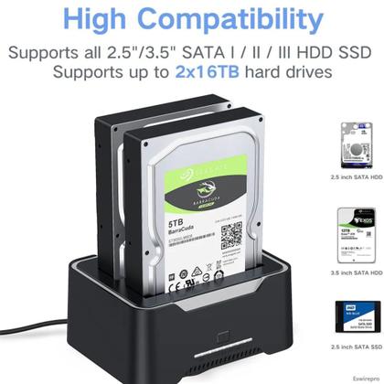 Imagem de SATA Docking Station, cópia offline Hot Swap Double Slot 2x 18TB Hard Drive USB 3.0 LED RGB