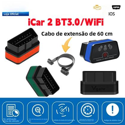 Imagem de Scanner Bluetooth OBD2 ELM327 Wifi Vgate iCar2 Ferramenta De Diagnóstico Automotivo Com Cabo De