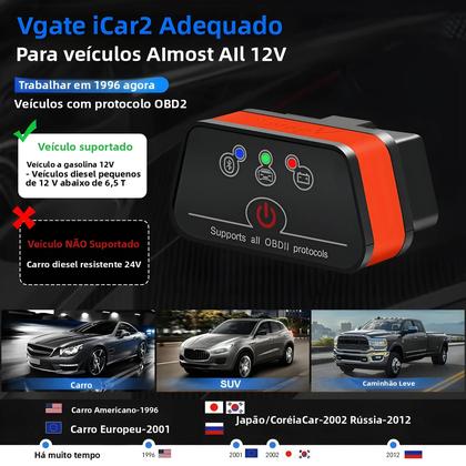 Imagem de Scanner Bluetooth OBD2 ELM327 Wifi Vgate iCar2 Ferramenta De Diagnóstico Automotivo Com Cabo De