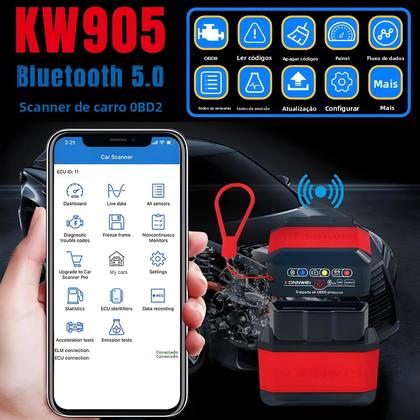 Imagem de Scanner OBD2 Bluetooth 5.0 KONNWEI KW905 ELM327 V1.5 PIC18F25K80 Para Ferramenta De Diagnóstico De