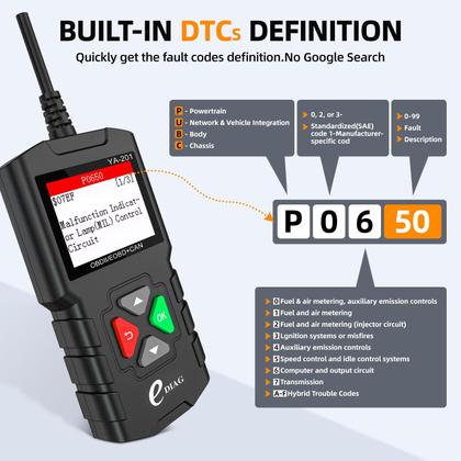 Imagem de Scanner OBD2 EDIAG YA-201, verifique os modos completos do leitor de código do motor