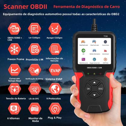 Imagem de Scanner OBD2 Multilíngue T06 Leitor De Código De Verificação De Motor Ferramenta De Diagnóstico