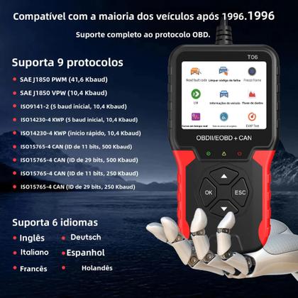 Imagem de Scanner OBD2 Multilíngue T06 Leitor De Código De Verificação De Motor Ferramenta De Diagnóstico