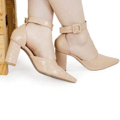 Imagem de Scarpin Com Estampa Croco e Detalhe com Fivela no Tornozelo Salto Alto Bloco 8 cm - ULLY