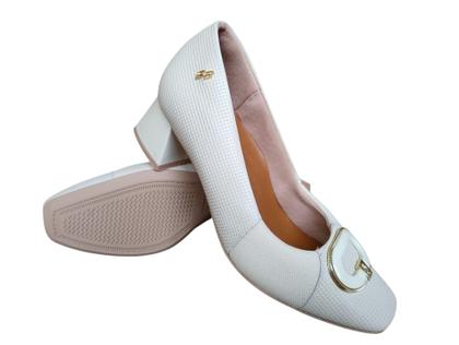 Imagem de Scarpin Usaflex ortopédica couro Macio Salto Bloco com tecido para joanete