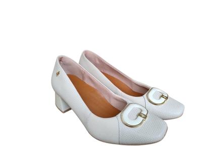 Imagem de Scarpin Usaflex ortopédica couro Macio Salto Bloco com tecido para joanete