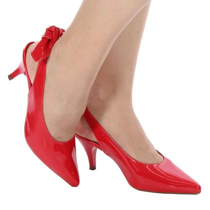 Imagem de scarpin vermelho feminino verão 2022 salto fino baixo laço lindo tendência