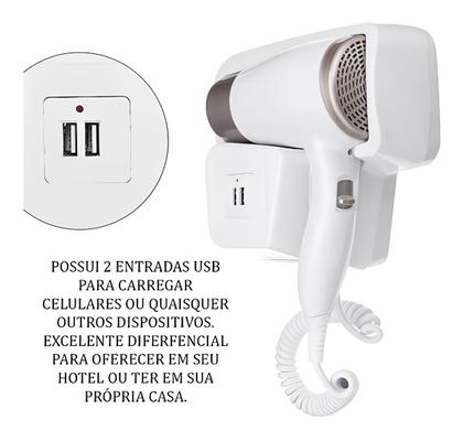 Imagem de Secador Cabelo Hotel Fixo Parede Carrega Celular Usb