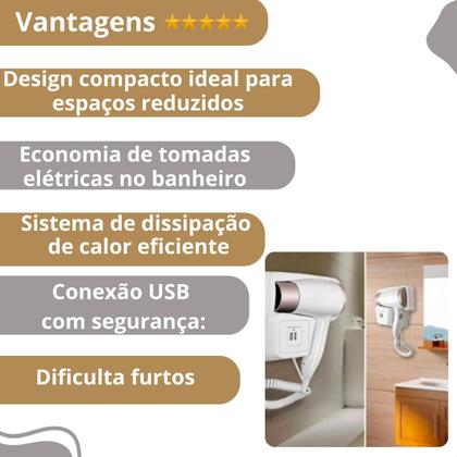 Imagem de Secador Compacto Branco USB para Hotéis e Banheiros 110V