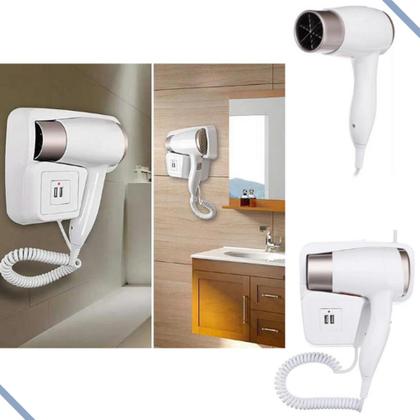 Imagem de Secador de Cabelo Banheiro Hotel Motel com Suporte de Parede com USB Carrega Celular