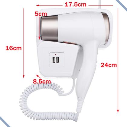 Imagem de Secador de Cabelo Banheiro Hotel Motel com Suporte de Parede com USB Carrega Celular
