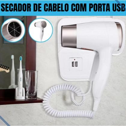 Imagem de Secador de Cabelo Banheiro Hotel Motel com Suporte de Parede com USB Carrega Celular