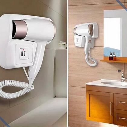 Imagem de Secador de Cabelo Banheiro Hotel Motel com Suporte de Parede com USB Carrega Celular