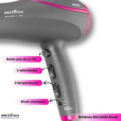 Imagem de Secador de Cabelo Bivolt Profissional 2100W Britânia Com Difusor Cachos