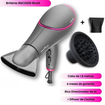 Imagem de Secador de Cabelo Bivolt Profissional 2100W Britânia Com Difusor Cachos