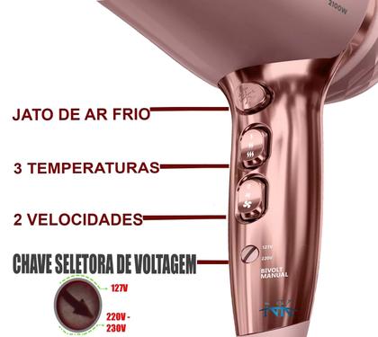Imagem de Secador De Cabelo Britania Profissional 2100w Ions Tourmaline Ar Quente Frio Tubi Com Difusor Cachos Modelador Cacheador Triondas Bivolt