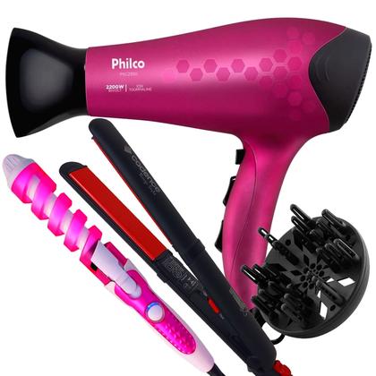 Imagem de Secador De Cabelo Philco Profissional 2200w Ions Ar Quente Frio Stilo Com Difusor De Cachos Prancha Cerâmica Pro 210ºc Modelador Cacheador Nova