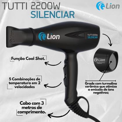 Imagem de Secador De Cabelo Profissional Lion Tutti Silenciar Silencioso Super Potente Leve 2200w 127V Preto