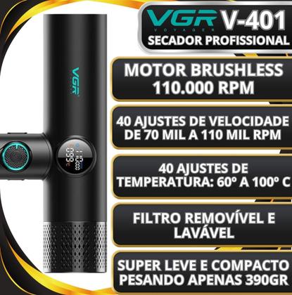 Imagem de Secador de Cabelo Profissional VGR V-401 2000W 220V  Leve Potente e Silencioso  Preto