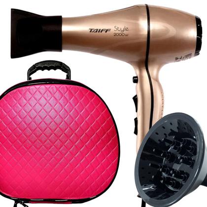 Imagem de Secador De Cabelo Taiff Profissional 2000w Ar Quente Frio Dourado Motor Ac Difusor De Cachos Com Maleta Transporte Rosa