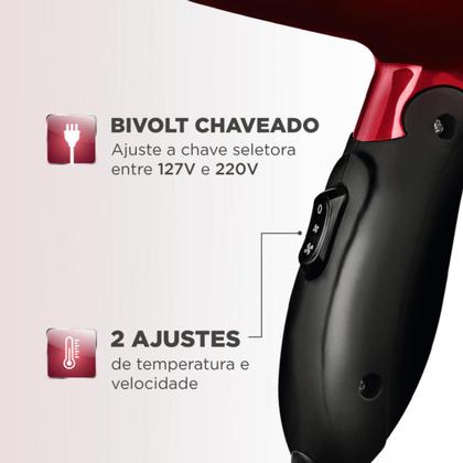 Imagem de Secador de Cabelos Portátil Dobrável Max Travel 1200W SC10 Vermelho 2 Velocidades 2 Temperaturas Bivolt