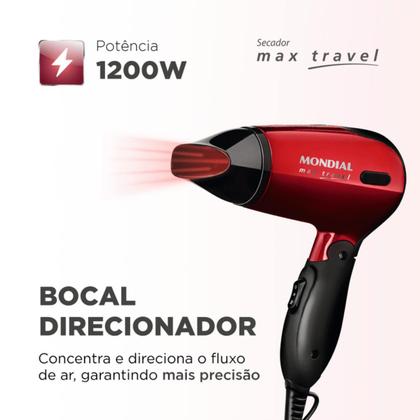 Imagem de Secador de Cabelos Portátil Dobrável Max Travel 1200W SC10 Vermelho 2 Velocidades 2 Temperaturas Bivolt