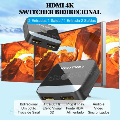 Imagem de Seletor Splitter Switch Divisor HDMI  2x1 v2.0 4K 60hz Nfe
